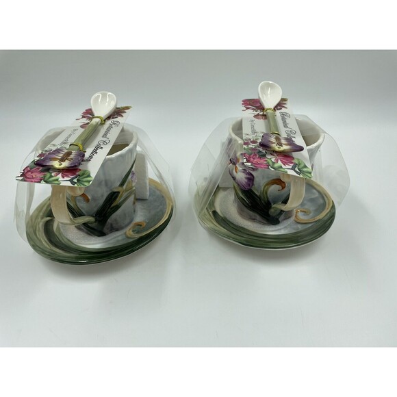 2-PC CORNER RUBY BOTANICAL COLLECTION COLIBRI TEA CUP  W BUTTERFLY SPOON SET N06 - Picture 10 of 10
